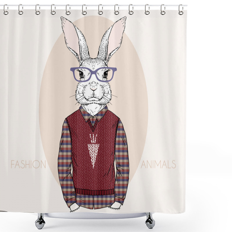 Personality  Hand Drawn Vector Fashion Illustration Of Bunny Hipster Shower Curtains