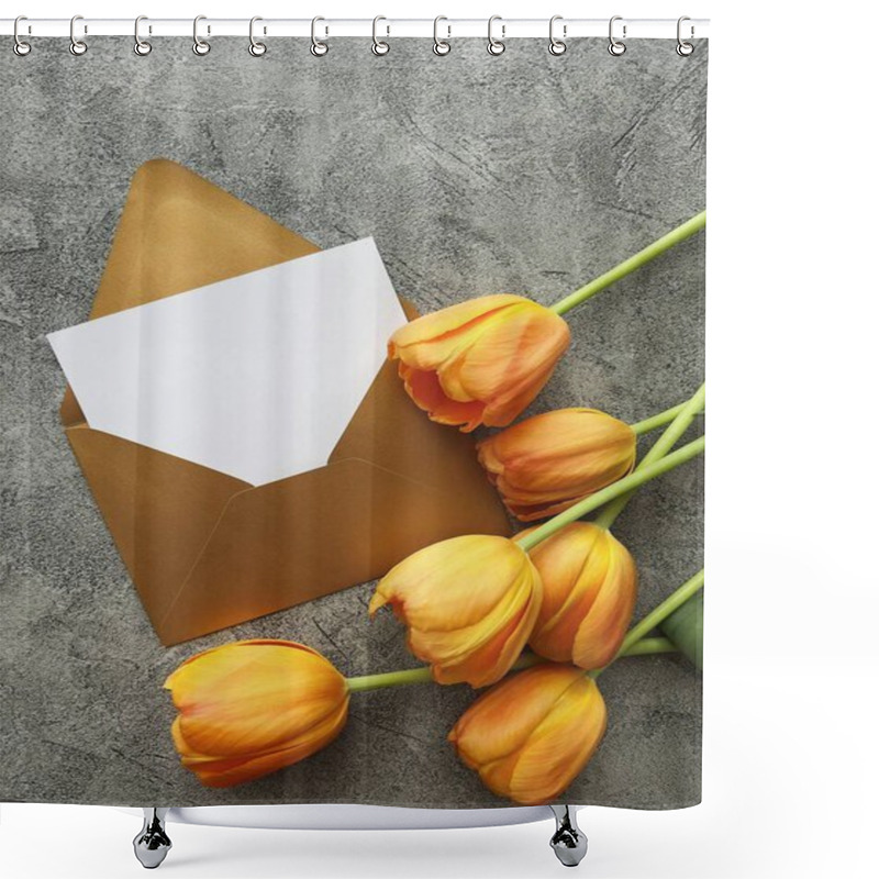 Personality  Elegant Orange Tulips With A Blank Card In A Gold Envelope. Shower Curtains