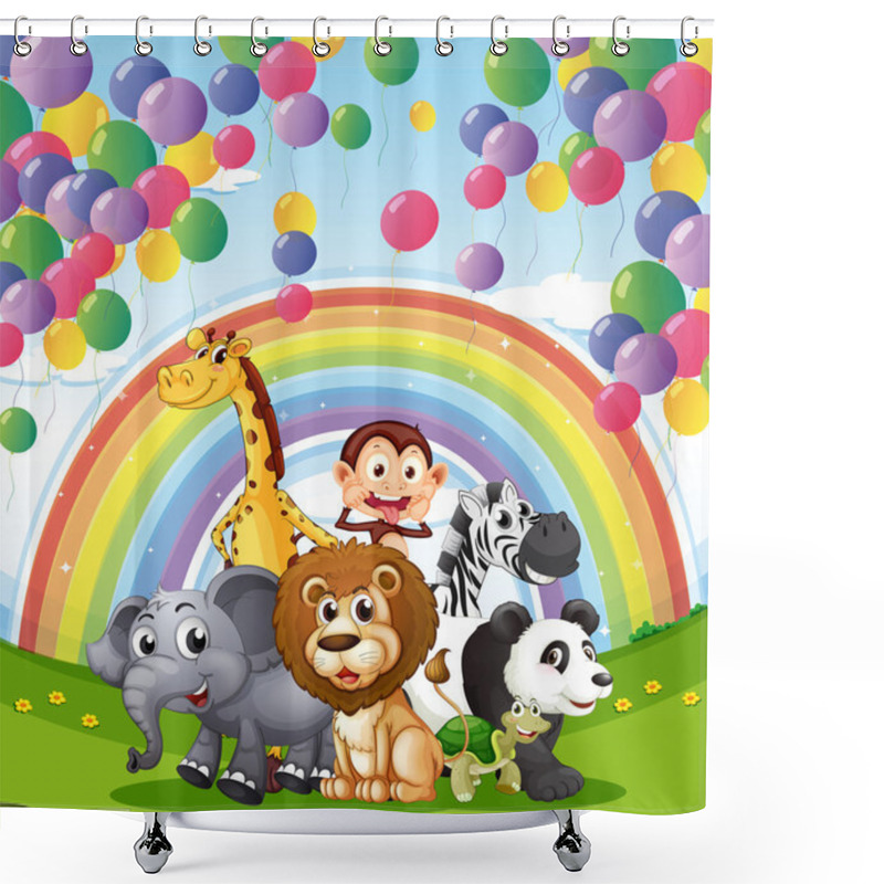 Personality  Animals Below The Floating Balloons And Rainbow Shower Curtains