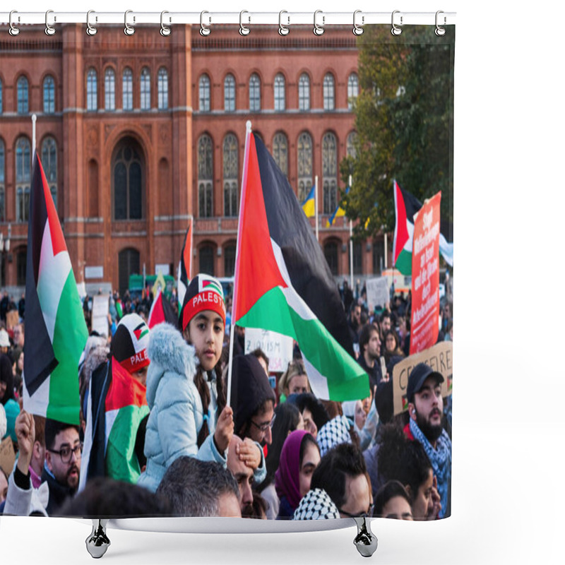 Personality  Berlin, Germany - November, 4: Children With Palestinian Flag On Free Palestine Demonstration In Berlin Shower Curtains