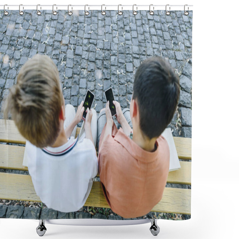 Personality  Overhead View Of Two Schoolboys Sitting On Bench And Using Smartphones Shower Curtains