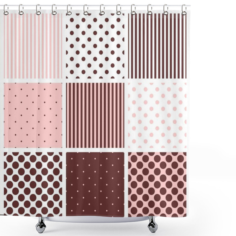 Personality  Pink, White And Brown Tile Vector Pattern Set With Polka Dots And Stripes Shower Curtains