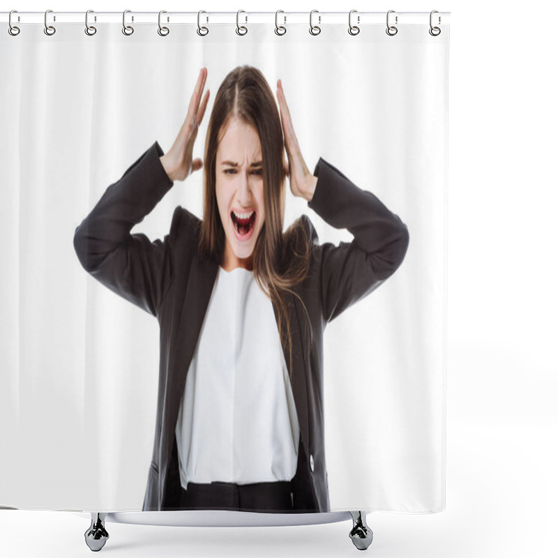 Personality  Angry Businesswoman In Suit Screaming Isolated On White Shower Curtains