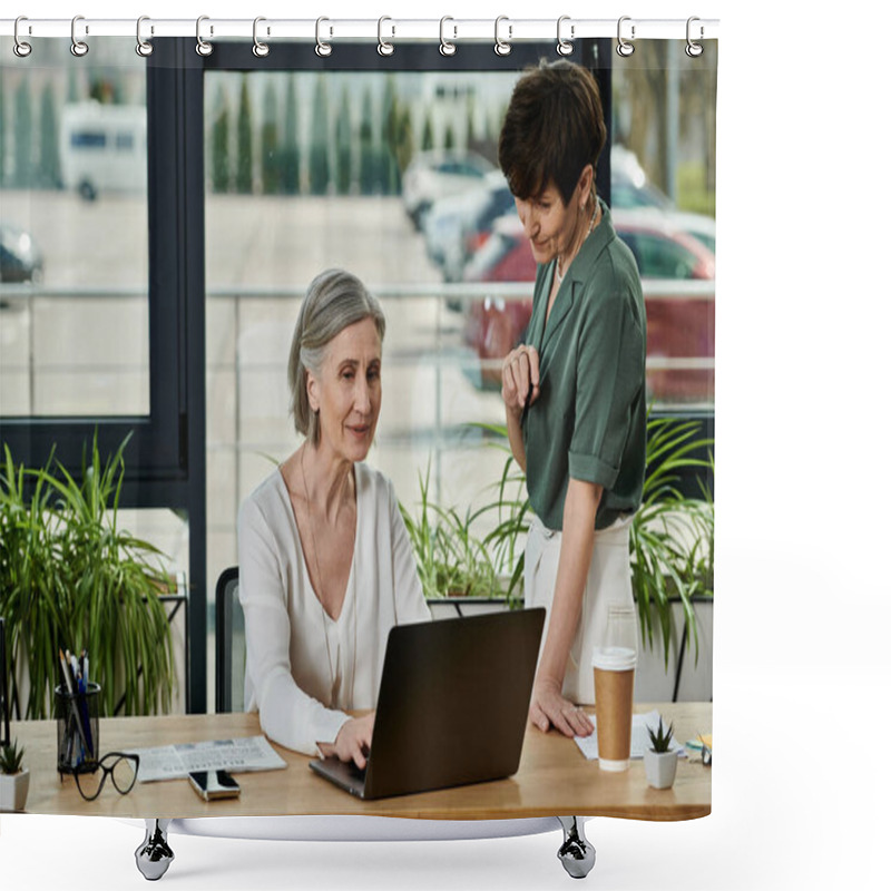 Personality  Two Women Sitting At A Desk Tackles Tasks With Her Laptop. Shower Curtains