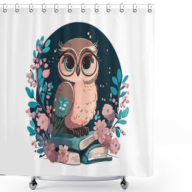 Personality  Wise Owl With Glasses Sitting On A Book, Cosmic Background With Moon And Stars Decorated By Flower Frame In White Background Shower Curtains