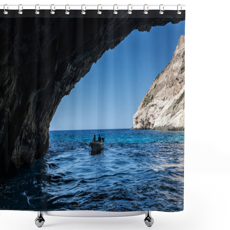 Personality  Tourists Visiting The Blue Caves On Zakynthos Island In Greece Shower Curtains