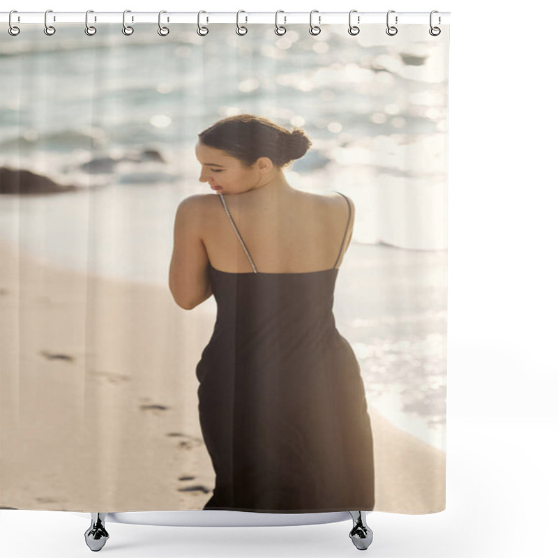 Personality  A Young Woman In A Black Sundress Walks On The Beach In Miami, Florida. Shower Curtains