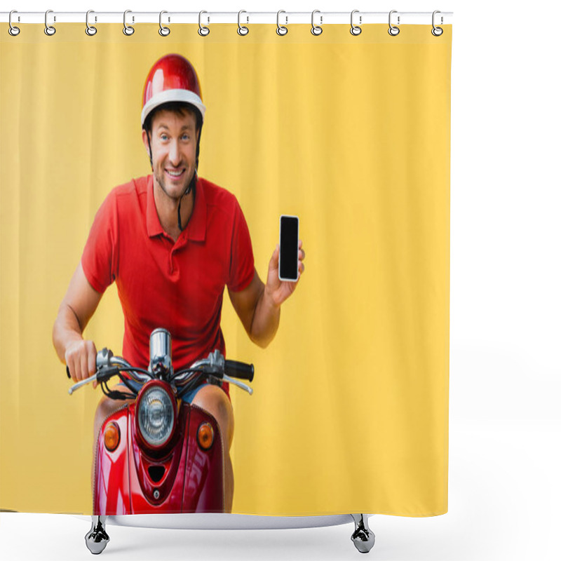 Personality  Pleased Delivery Man In Helmet Riding Scooter And Holding Smartphone With Blank Screen On Yellow  Shower Curtains