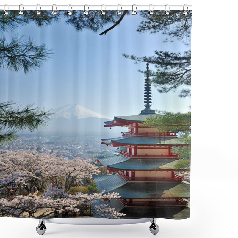 Personality  Chureito Pagoda And Fuji In Japan Shower Curtains