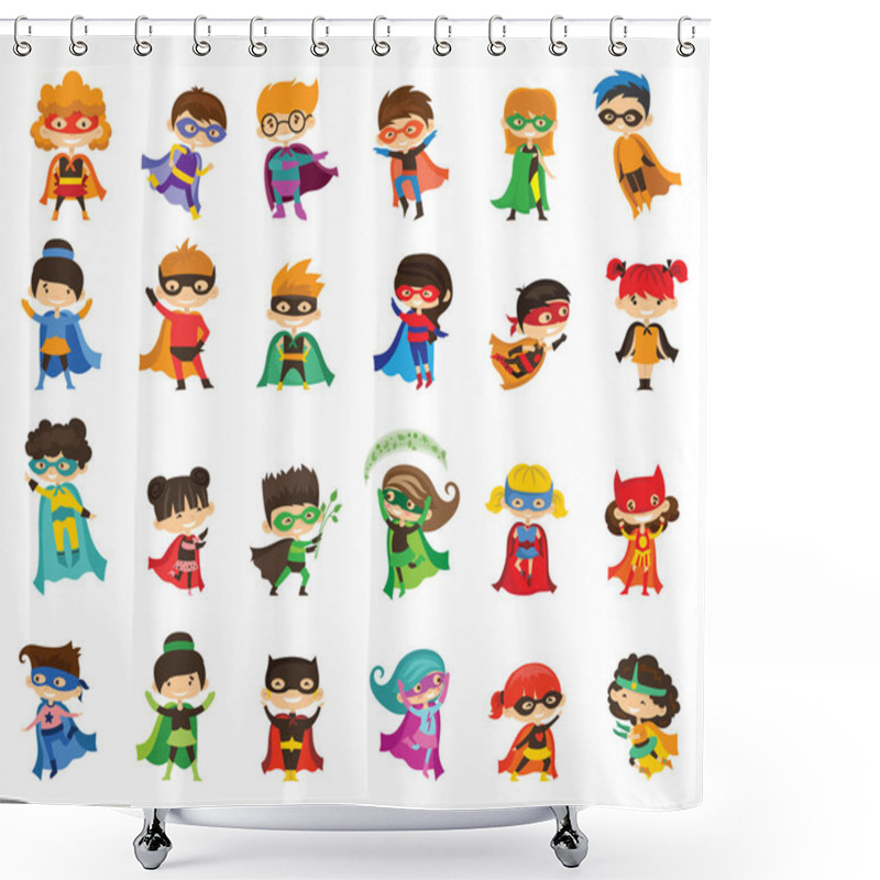 Personality  Cartoon Vector Illustration Of Kid Superheroes Wearing Comics Costumes Isolated On The White Background. Shower Curtains