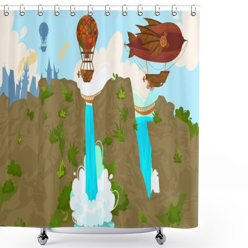 Personality  Vintage Hot Air Balloons And Airships At Nature, Waterpark Steampunk Cartoon Vector Illustration, Retro Flight In Sky Travel. Shower Curtains