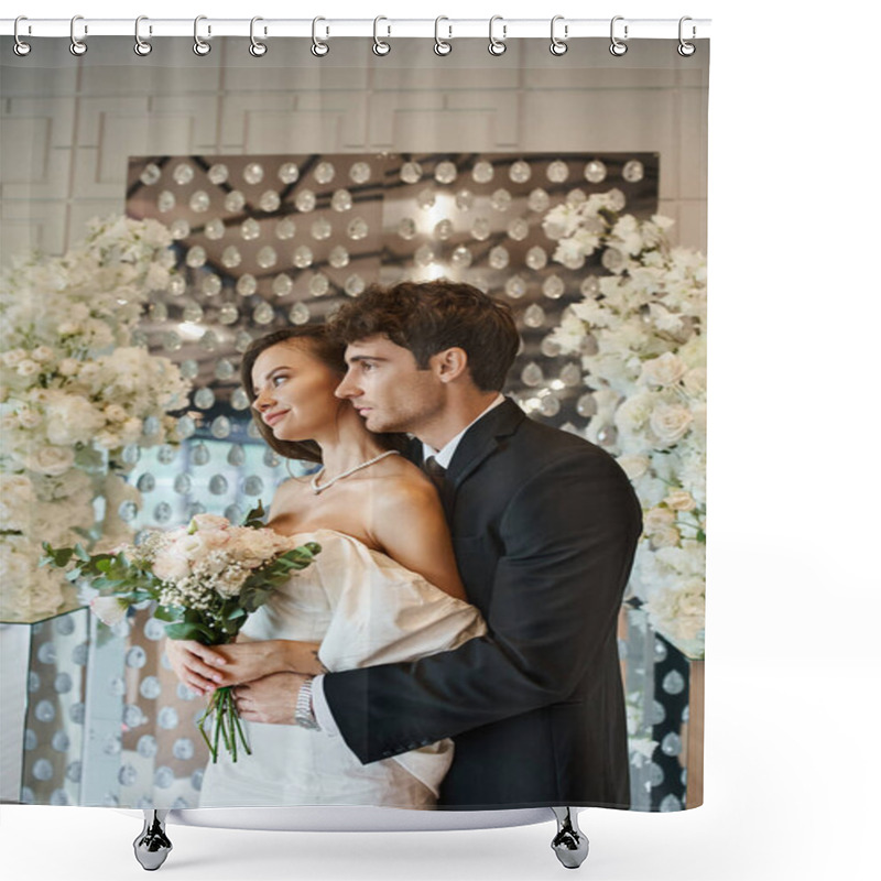 Personality  Elegant Groom Embracing Charming Woman With Bridal Bouquet Near White Floral Decor In Banquet Hall Shower Curtains