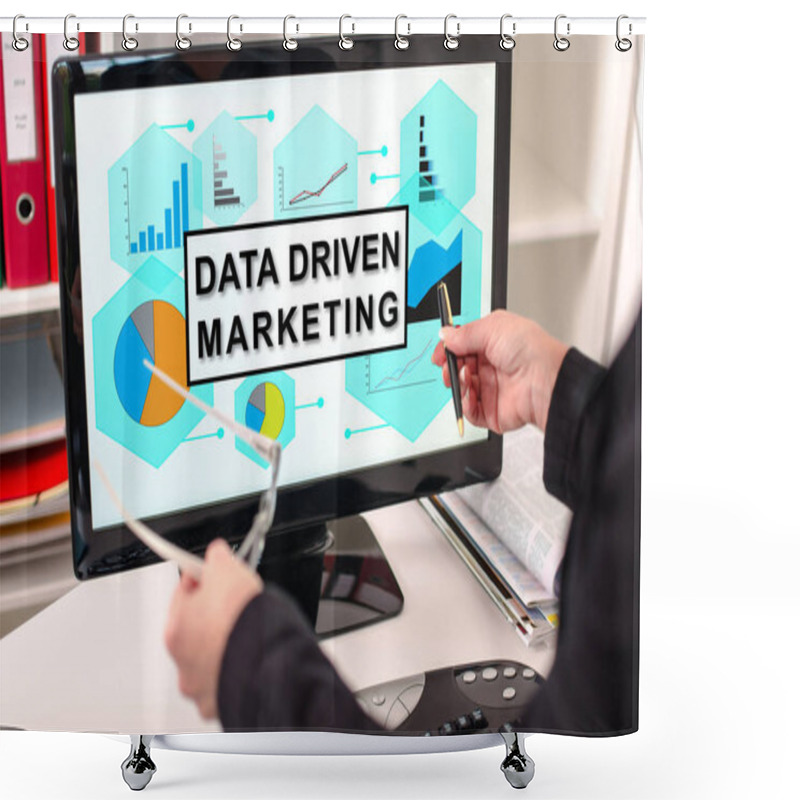 Personality  Data Driven Marketing Concept On A Computer Monitor Shower Curtains