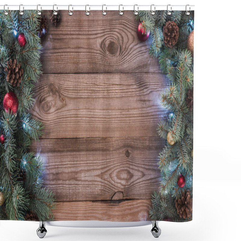 Personality  Beautiful Christmas Tree Branches With Baubles, Pine Cones And Illuminated Garland On Wooden Background  Shower Curtains