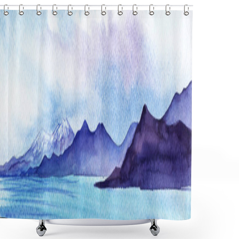 Personality  Abstract Mountain Landscape. Lake Van. Dark Silhouettes Of Mountain Chains With Snow-capped Peaks, Behind The Water Surface. Hand-drawn Watercolor Illustration On Texture Paper. Shower Curtains