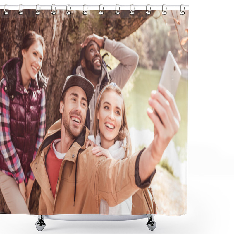 Personality  Young People Taking Selfie In Forest Shower Curtains