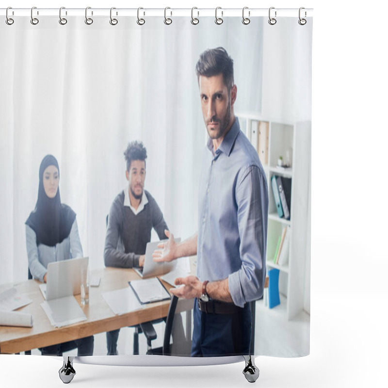 Personality  Selective Focus Of Businessman Pointing At Multiethnic Colleagues In Office Shower Curtains