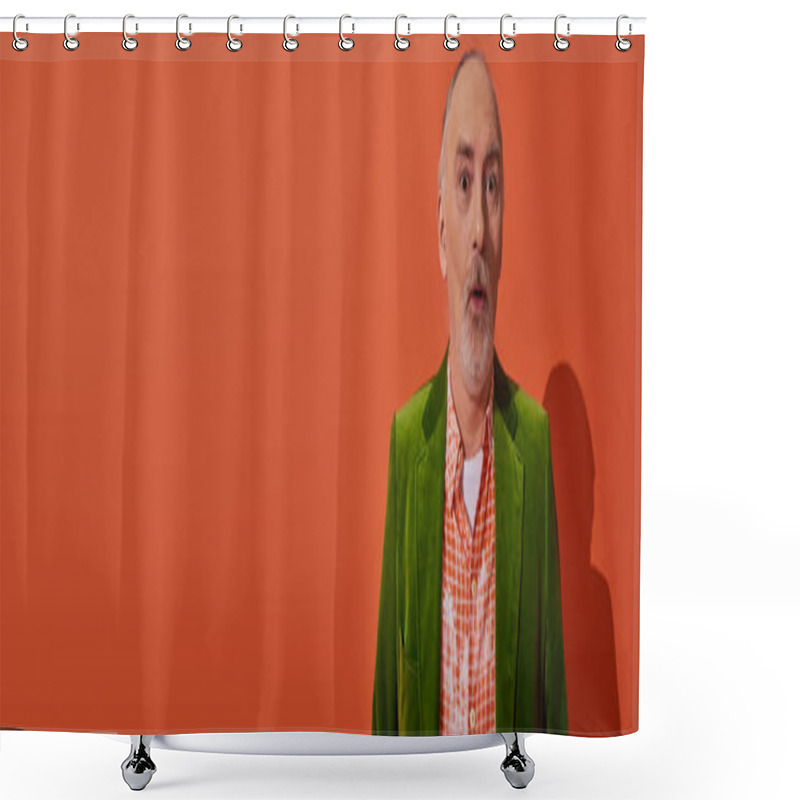 Personality  Trendy Senior Man With Shocked Face Expression Looking At Camera On Red Orange Background, Grey Hair And Beard, Green Velour Blazer, Fashion And Age Concept, Banner With Copy Space Shower Curtains