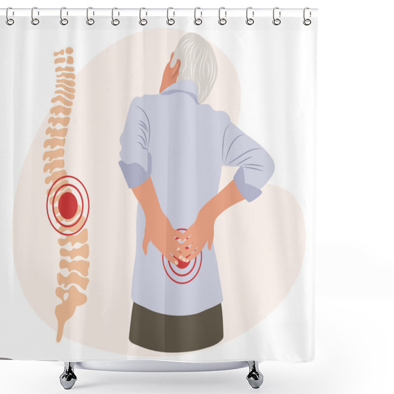 Personality  An Elderly Man With Pain In The Lumbar Vertebrae. Back Pain, Muscle Pain, Osteoarthritis, Rheumatoid Arthritis. Medicine. Illustration, Vector Shower Curtains