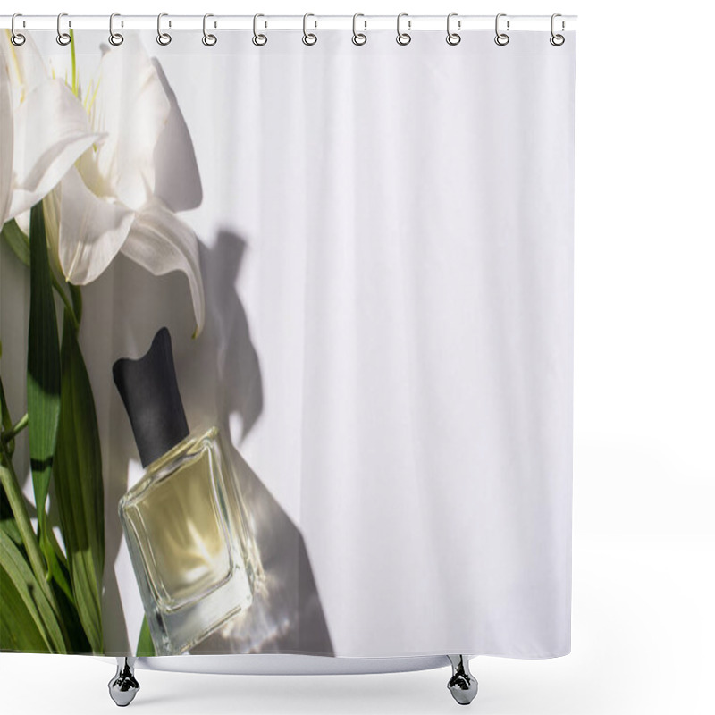 Personality  Top View Of Home Perfume In Bottle Near Lilies On White Background Shower Curtains