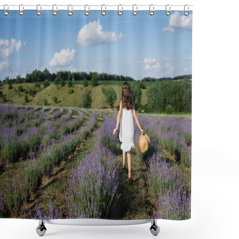 Personality  Back View Of Brunette Girl In White Dress Walking In Lavender Field With Straw Hat Shower Curtains