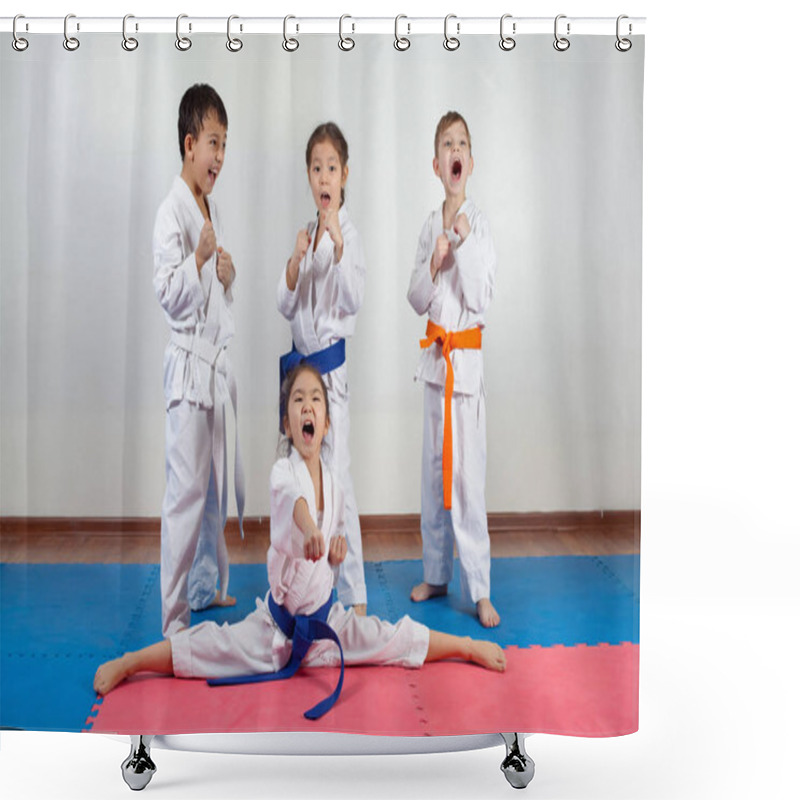 Personality  Four Children Demonstrate Martial Arts Working Together Shower Curtains