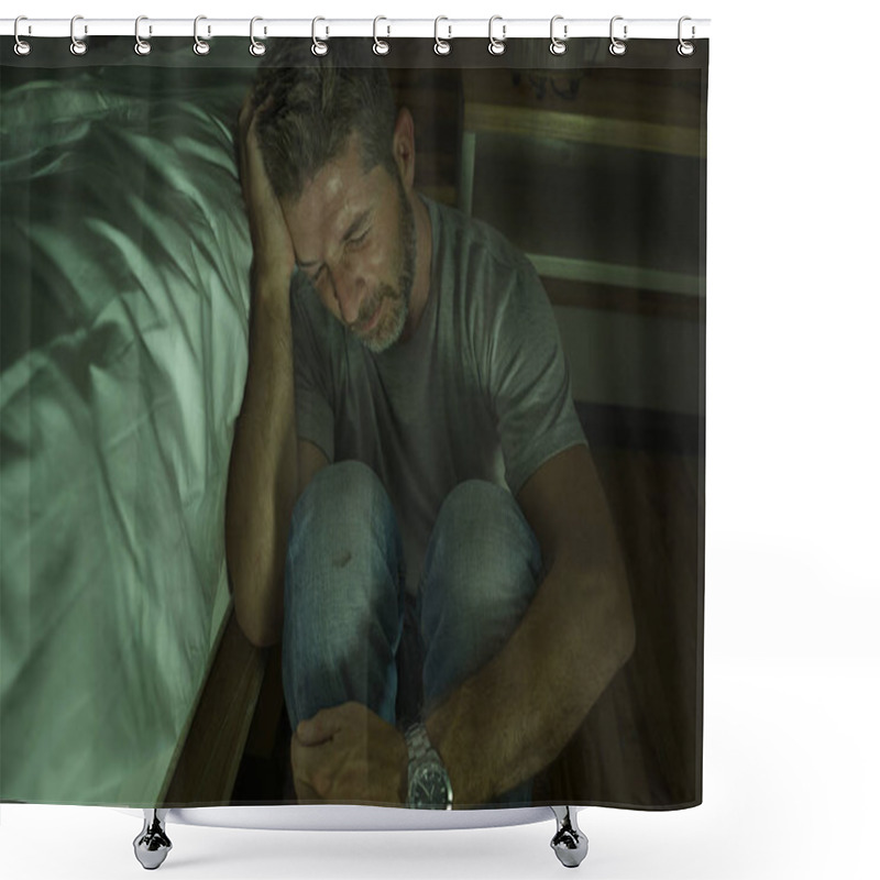 Personality  Dramatic Home Portrait Of Young Desperate And Depressed Lonely Man Sitting On Bedroom Floor Crying Sick Suffering Anxiety Crisis And Depression Problem Feeling Helpless Shower Curtains