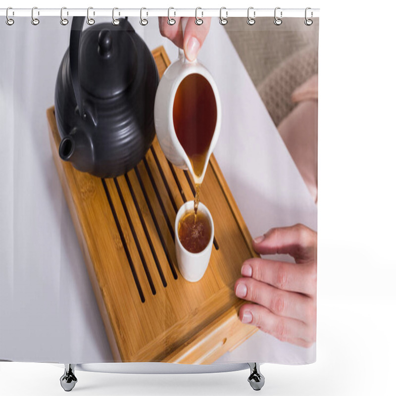 Personality  Partial View Of Woman Pouring Tea Into Cup While Having Tea Ceremony At Home Shower Curtains