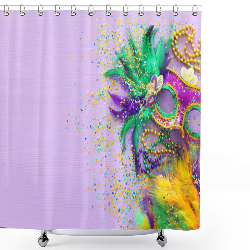 Personality  Holidays Image Of Mardi Gras Masquarade, Venetian Mask And Fan Over Purple Background. View From Above Shower Curtains