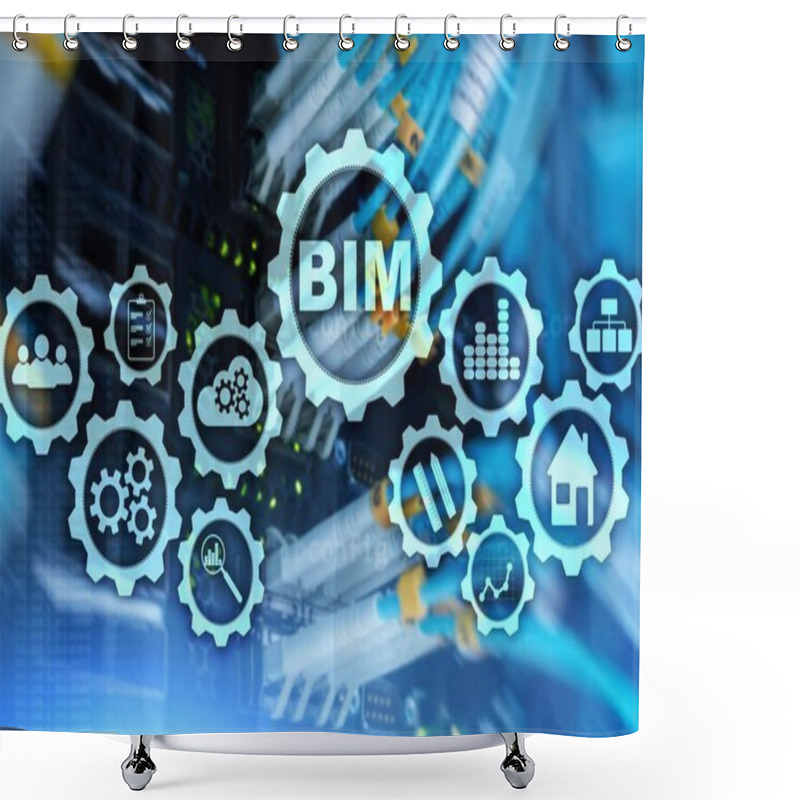 Personality  Building Information Modeling. BIM On The Virtual Screen With A Server Data Center Background Shower Curtains