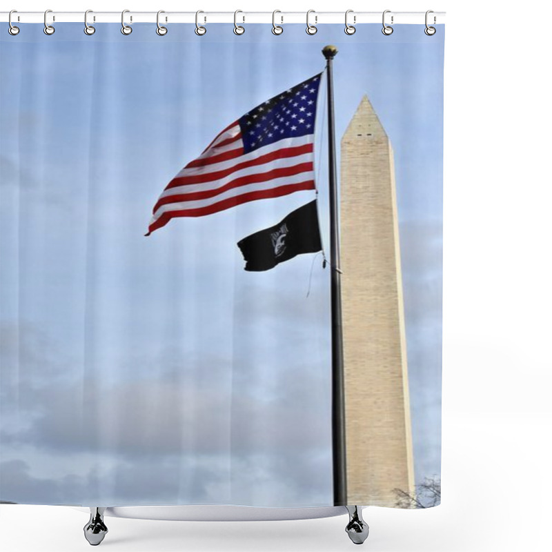 Personality  USA Flag Next To POW MIA Flag With Washington Monument In The Background Shower Curtains