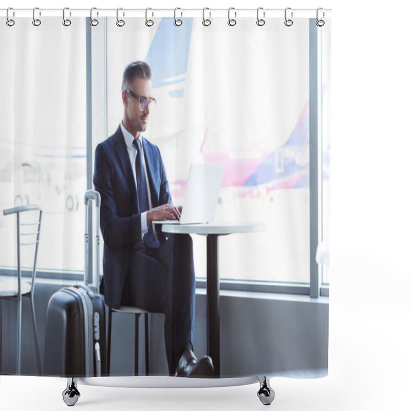 Personality  Adult Businessman In Glasses Typing On Laptop At Airport Shower Curtains