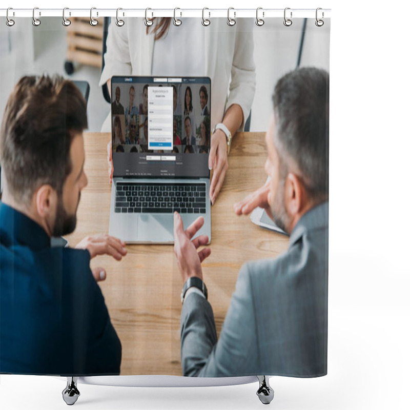 Personality  Selective Focus Of Advisor Showing To Investors Laptop With Linkedin Website On Screen At Workplace  Shower Curtains