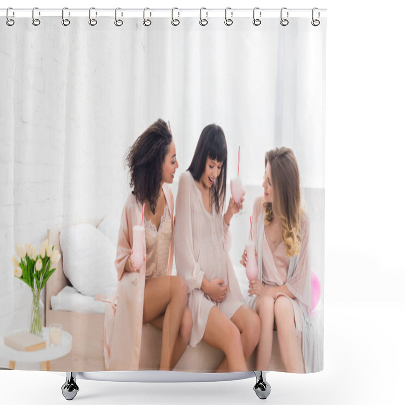 Personality  Excited Multicultural Girlfriends And Young Pregnant Woman Holding Glasses With Milkshakes On Baby Shower  Shower Curtains