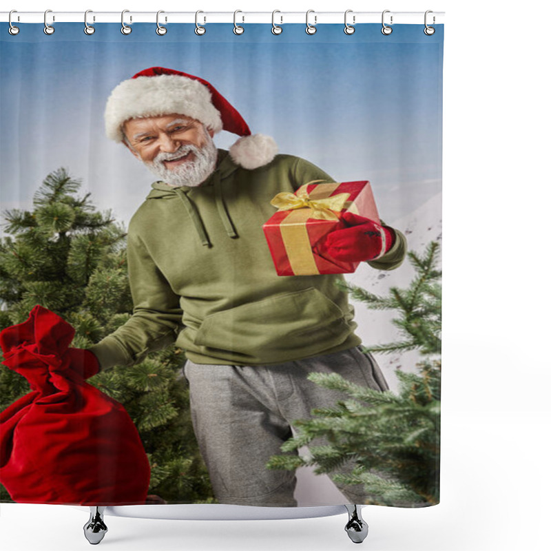 Personality  Joyful Santa Holding Present Bag And Red Gift In Hands And Smiling At Camera, Winter Concept Shower Curtains