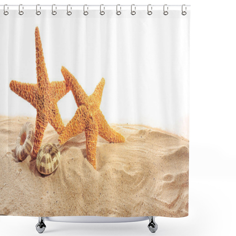 Personality  Sea Stars And Sea Shells On Sand Isolated On White Background Shower Curtains