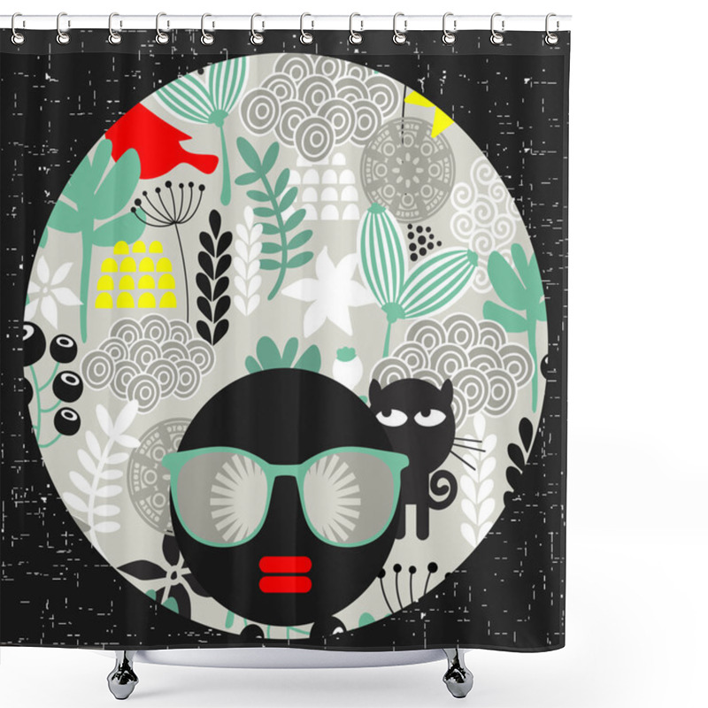 Personality  Black Head Woman In Retro Sunglasses Shower Curtains