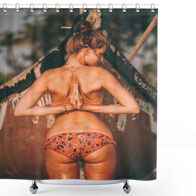 Personality  Back View Of Young Woman In Swimsuit Practicing Yoga While Standing Near Boat At Goa Shower Curtains