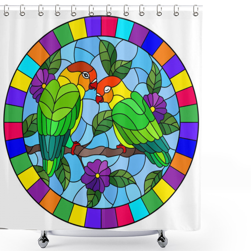 Personality  Illustration In Stained Glass Style  With Pair Of Birds Parrots Lovebirds On Branch  Tree With Purple  Flowers Against The Sky, Oval Image In Bright Frame Shower Curtains