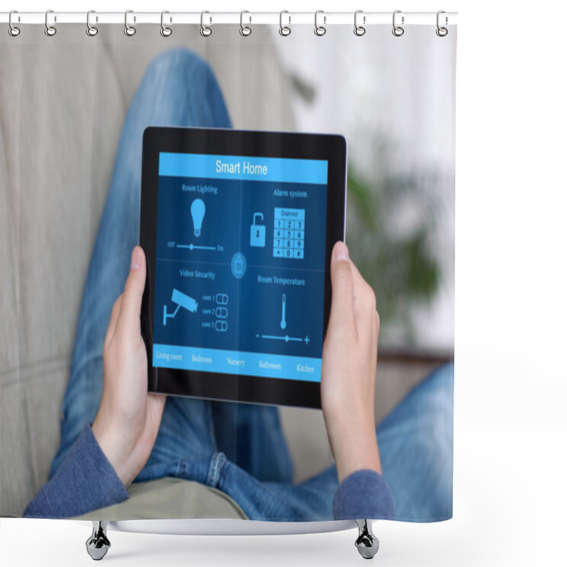 Personality  Man Holding Tablet With Program Smart Home On The Screen Shower Curtains