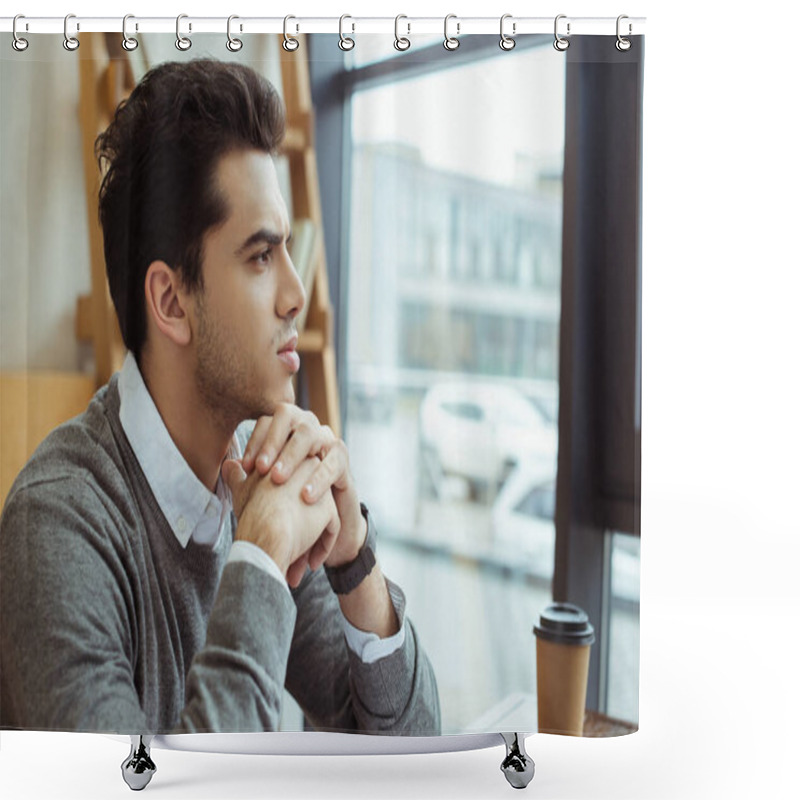 Personality  Thoughtful Businessman With Clenched Hands Near Paper Cup Of Coffee At Table In Office Shower Curtains