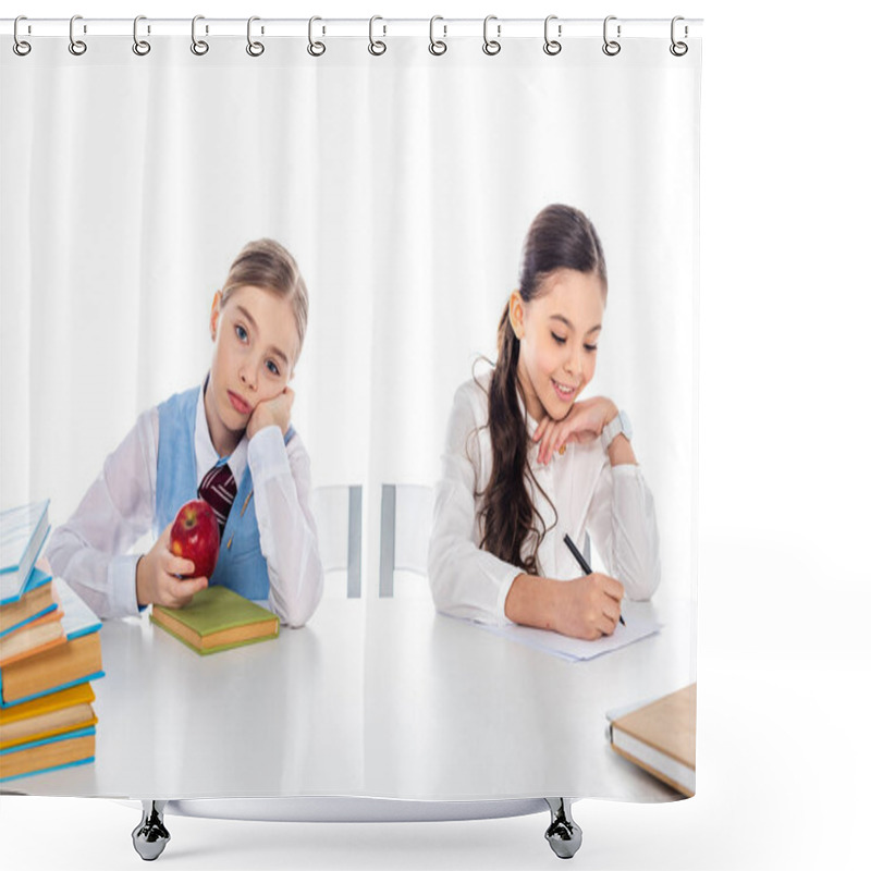 Personality  Schoolgirls In Formal Wear Sitting At Desk With Books And Writing Isolated On White Shower Curtains