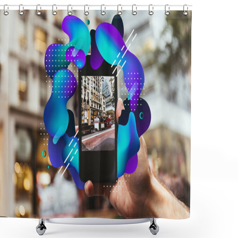 Personality  Cropped Shot Of Man With Smartphone Taking Picture Of New York City Street With Abstract Illustration  Shower Curtains