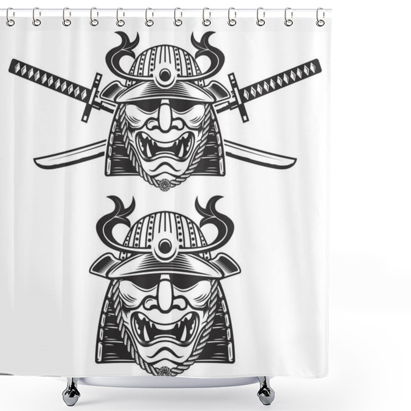 Personality  Set Of The Samurai Mask With Crossed Swords Isolated On White Background. Design Elements For Logo, Label, Emblem, Sign, Brand Mark.  Shower Curtains