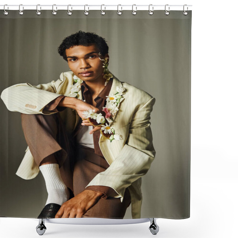 Personality  A Young African American Man In A Stylish Blazer Adorned With Flowers Poses Against A Grey Background. Shower Curtains