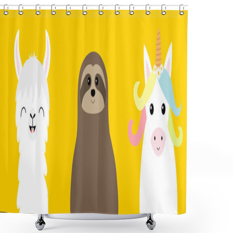 Personality  Alpaca, Llama, Sloth, Unicorn Set. Cute Cartoon Funny Kawaii Character. Childish Baby Collection. T-shirt, Greeting Card, Poster Banner Template Print. Flat Design. Yellow Background Vector Shower Curtains