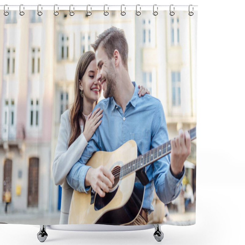 Personality  Handsome Man Playing Acoustic Guitar Near Happy Girlfriend On Street Shower Curtains