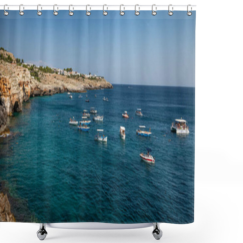 Personality  A Panorama Of Tourist Sightseeing Boats Gathered Outside Cave Entrances Near To Santa Maria Di Leuca In Lecce Province, Apulia, Italy Shower Curtains