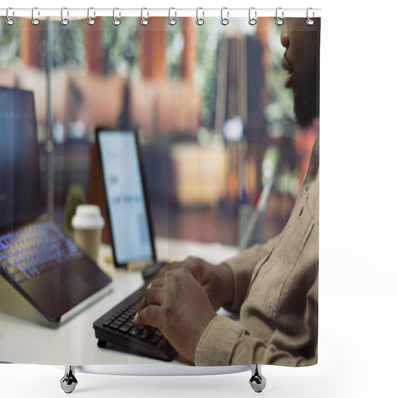 Personality  Professional IT Engineer At His Desk Working On AI Coding And Deep Learning Projects, Showcasing Innovation In Software Development And Cloud Computing. Internet Of Things. Close Up. Shower Curtains