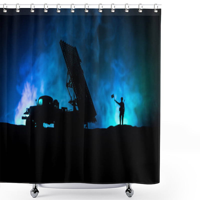 Personality  Rocket Launch With Fire Clouds. Battle Scene With Rocket Missiles With Warhead Aimed At Gloomy Sky At Night. Soviet Rocket Launcher On War Background. Shower Curtains